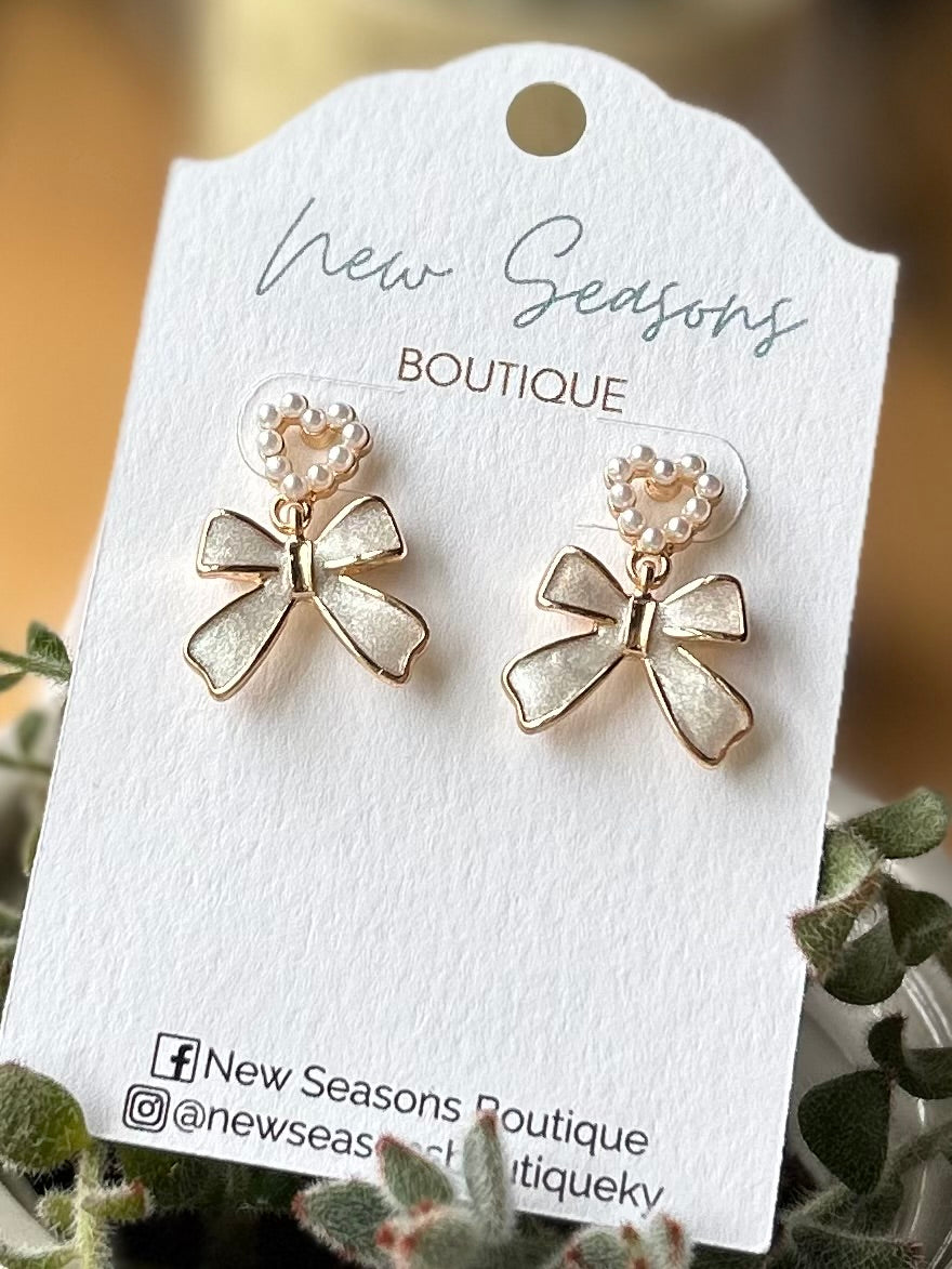 Pearl Heart with Bow Earrings