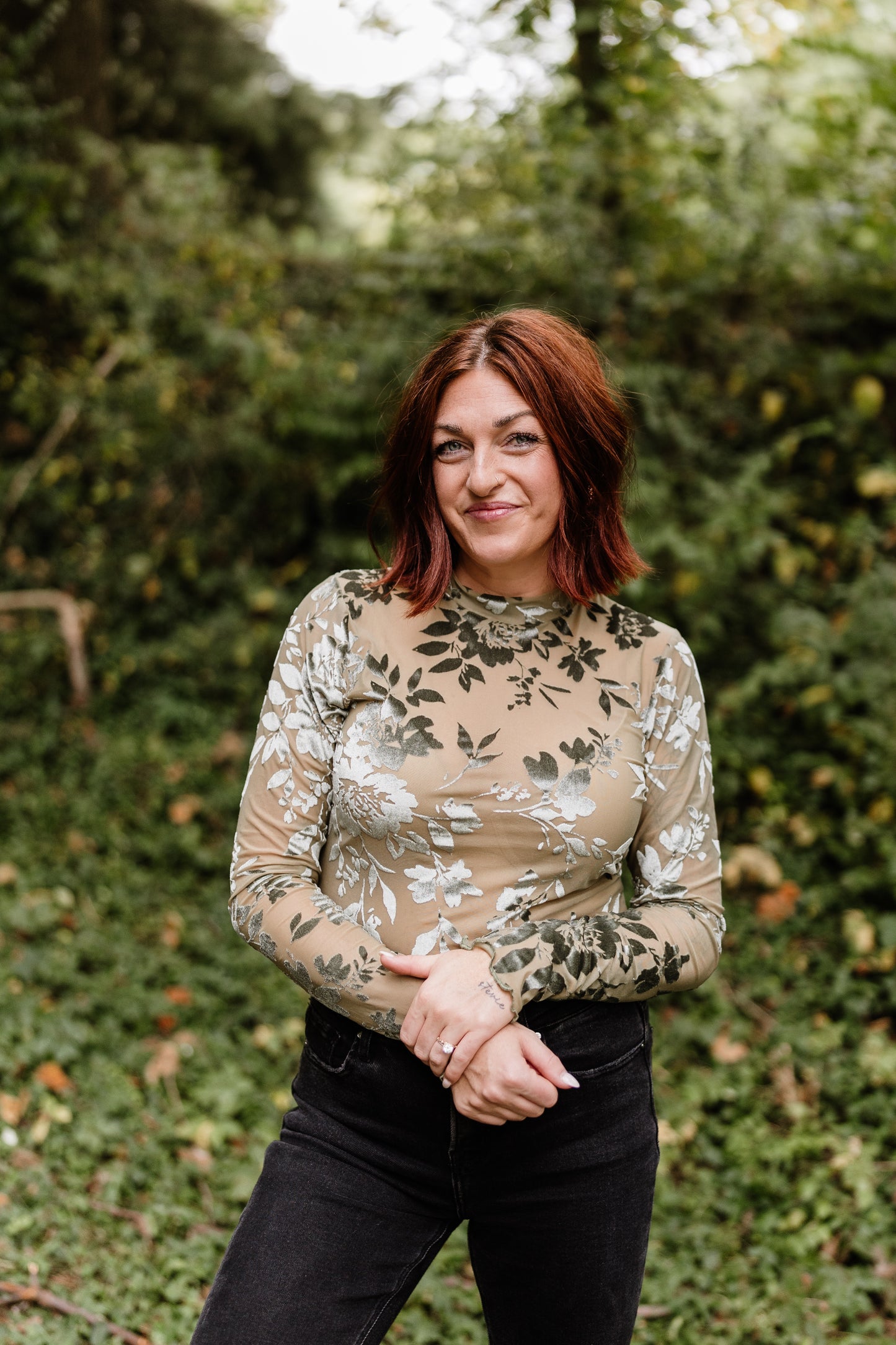Kalina Velvet Floral Top-Olive