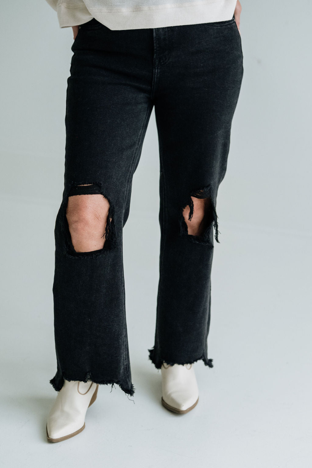 Risen Black Distressed Straight Crop Jeans - Main Image