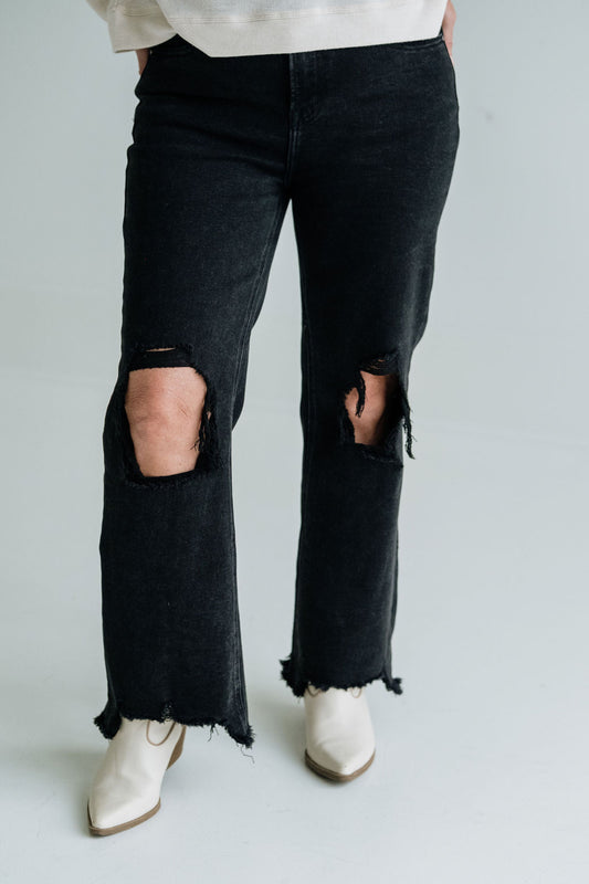 Risen Black Distressed Straight Crop Jeans