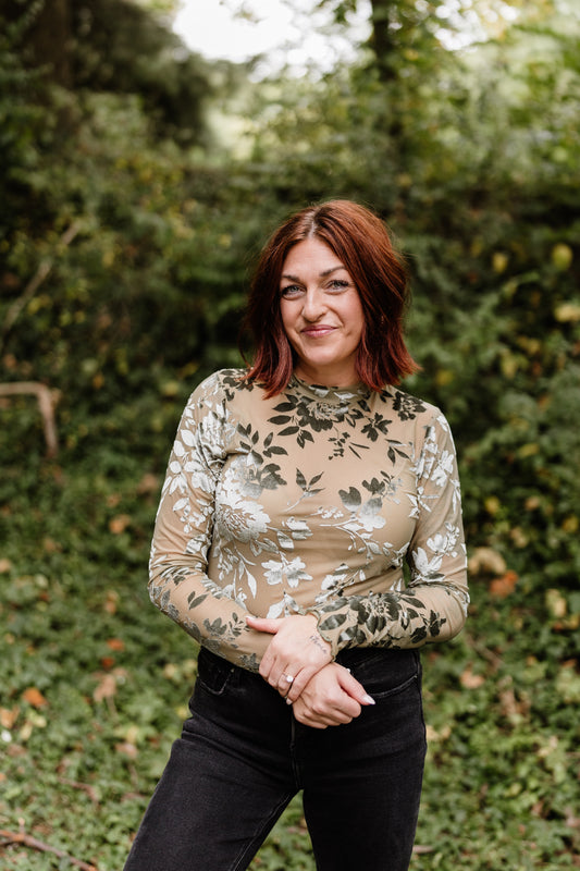 Kalina Velvet Floral Top-Olive
